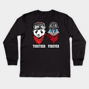 Cute Panda and cat couple in helmet and goggles with the words together forever. Kids Long Sleeve T-Shirt